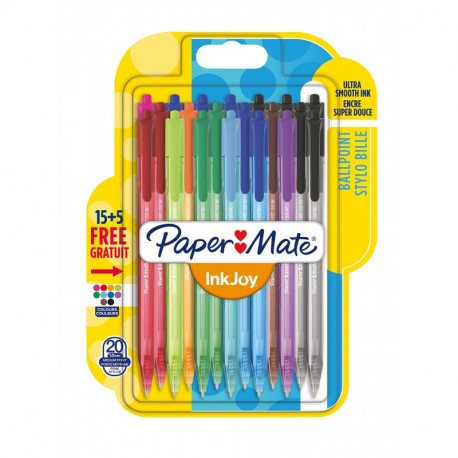 Paper Mate InkJoy 100RT, bolígrafo retráctil, punta media de 1 mm y alegres colores surtidos, paquete de 15 + 5 1956602 