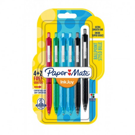 Paper Mate InkJoy 300RT, bolígrafo retráctil, punta media de 1 mm y colores estándares surtidos, paquete de 4 + 2 1956574 