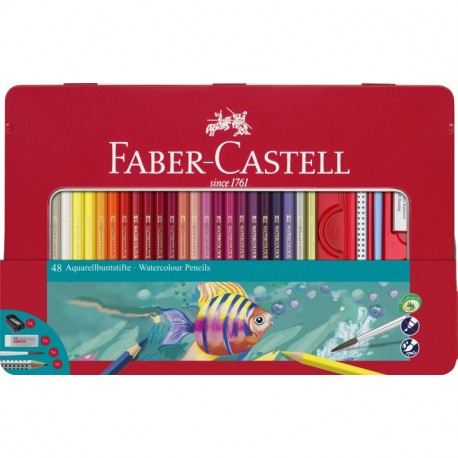 Faber-Castell 115933 - Estuche de metal con 48 lápices de colores acuarelables, lápiz de grafito GRIP 2001, pincel, afilalápi