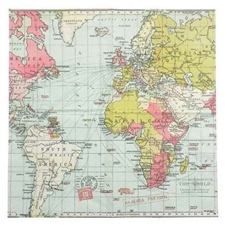 Mapa Del Mundo Azul Rosa Verde 3-ply 20 Servilletas Papel 13” X13" – 33x33cm