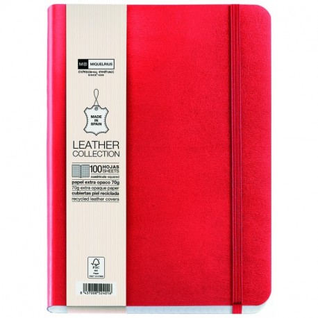 Miquelrius - Cuaderno flexible en piel, tamaño 4º, 200 hojas, Rayado Horizontal, con goma, color rojo