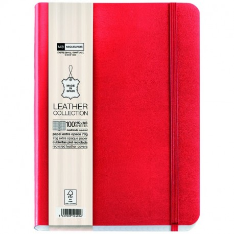 Miquelrius - Cuaderno flexible en piel, tamaño 8º, 300 hojas, cuadricula 5 mm, con goma, color rojo