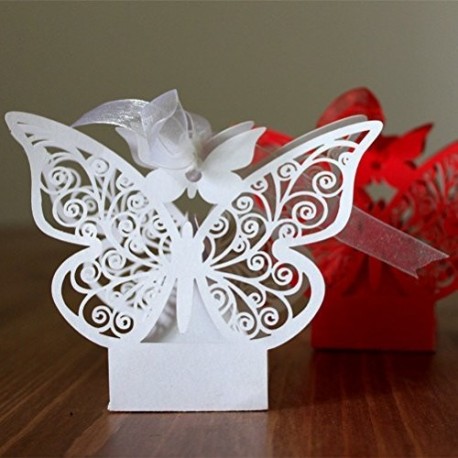 ULTNICE 50pcs Folable mariposa 3D cajas de regalo de dulces para fiesta de boda con cintas blancas