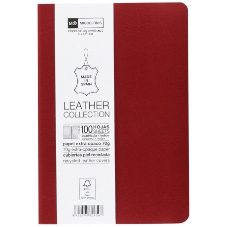 Miquelrius - Cuaderno flexible en piel, tamaño 8º, Con índice alfabético, 100 hojas, Cuadrícula 5 mm, con goma, color rojo