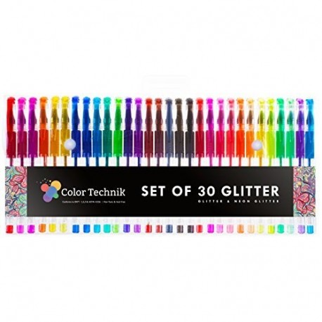 Glitter Gel Pens by Color Technik, Set of 30 Glitter Pens, Best Assorted Colors, Now with More Ink. Large Glitter Set on Amaz