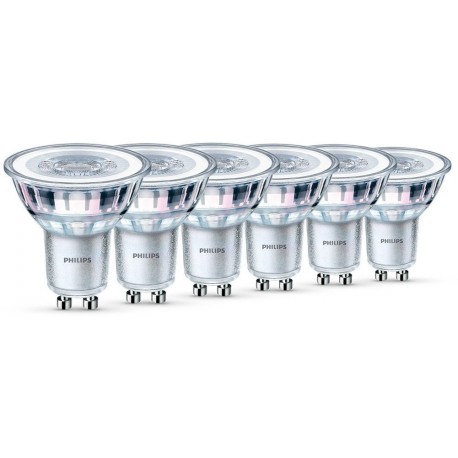 Philips - Pack de 6 Bombillas Led Foco Gu10 Cristal, 4.6 W Equivalente a 50 W, 355 Lúmenes, Luz Blanca Cálida