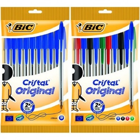 Bic - Pack 10 bolígrafos de punta redonda de color azul + 10 bolígrafos de punta redonda de colores variados