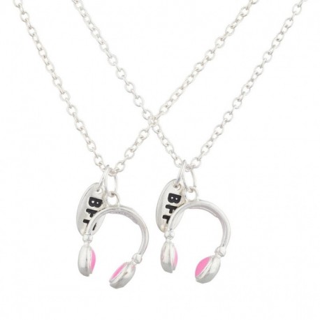 Juego de collares para mejores amigos, con “BFF”, color plateado, auriculares rosas, 2 unidades, de Lux Accessories