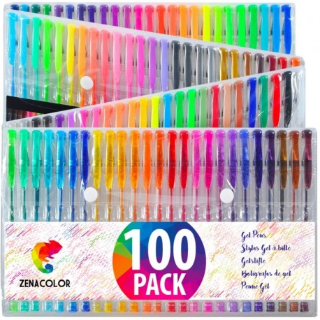 100 Bolígrafos de Gel Zenacolor con Estuche - Set Extragrande - 100 Colores Unicos - Con Tinta de Flujo Continuo de Calidad S