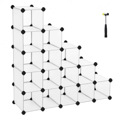 SONGMICS Estantería modular de plástico PP Zapatero Organizador 16 cubos Blanco semitraslúcido 113 x 36 x 113 cm LPC44S