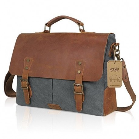 Lifewit 15.6" Maletín para Portátil Bolso Bandolera Hombre Bolsa de Mensajero Maletines Cuero Vintage Gris