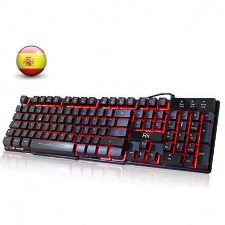 Rii RK100 Teclado para Juegos, Mecánica Feel Gaming Keyboard, USB LED Retroiluminada con Conexión de Cable del Juego