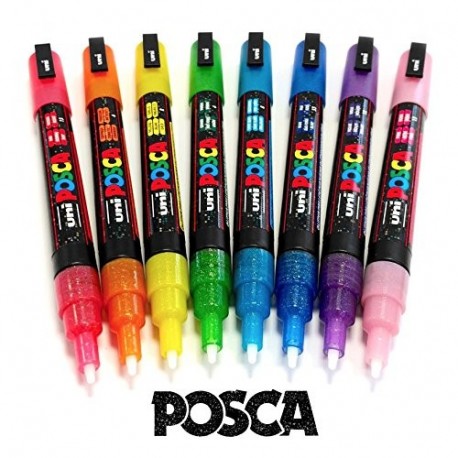 Posca - Rotuladores de pintura con purpurina, PC-3 ml, juego completo de 8 marcadores de pintura con purpurina, en caja de re