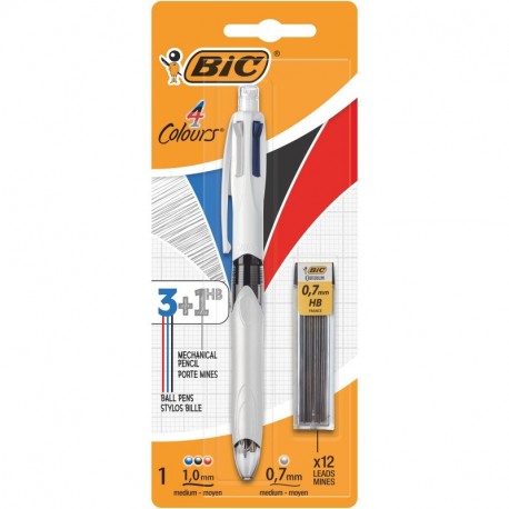 BIC 4 Colores - Bolígrafo multifunción 3+1HB con 12 minas, tintas en color azul, negro, roja y mina HB