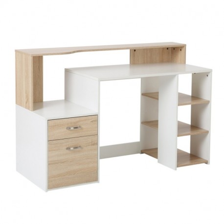 HOMCOM Mesa de Ordenador PC 140x55x92cm Despacho Escritorio Oficina Escuela Estanteria Madera 2 Colores Marrón+Blanco 