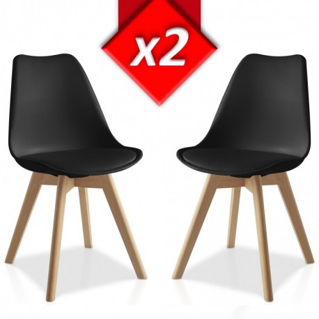 Pack 2 sillas Lucia Negro, pata madera y asiento acolchado, estilo nórdico