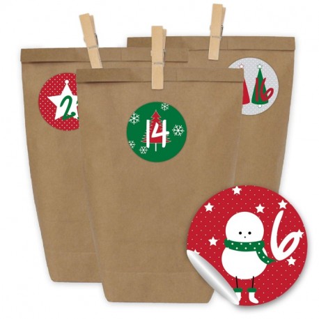 Papierdrachen 24 Bolsas de Papel con Pegatinas + 24 Pinzas de Madera para el Calendario de Adviento - Motivo Clásico, en Rojo