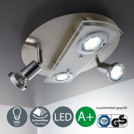 B.K.Licht Lámpara de techo I Redonda I 4 x 3 W bombillas LED GU10 I Giratoria I Plafón I Metal y cristal I Foco LED para tech