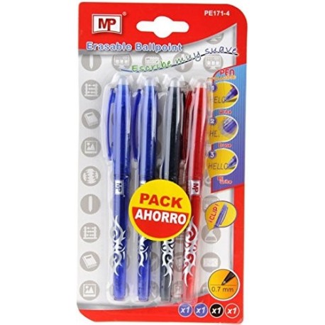 MP PE171-4 - Pack de 4 bolígrafos borrables con capucha
