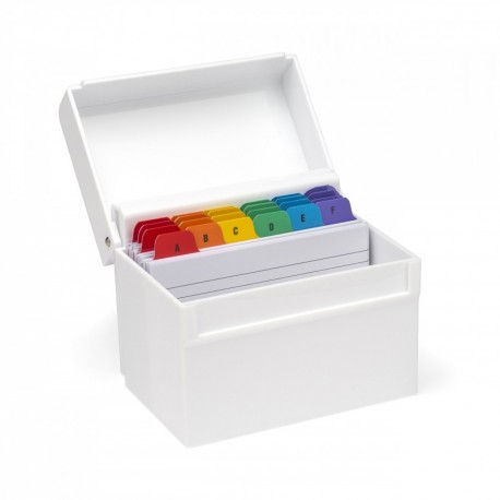 Osco – Papelera de plástico blanco brillante caja de índice con tarjetas y pestañas de colores