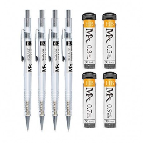 Essential Mechanical Pencil Set - 4 Sizes: 0.3, 0.5, 0.7 & 0.9mm with HB Lead & Eraser Refills - Drafting, Sketching, Illustr