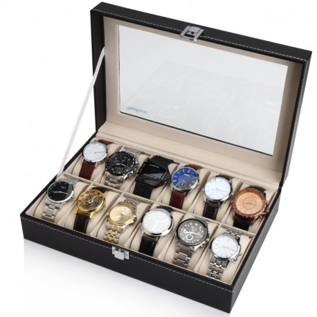 Readaeer Caja para Relojes con 12 compartimentos , Buzón Memoria con tapa de cristal negro de piel sintética