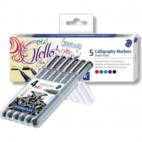 Staedtler 3002 C5 caligrafía doble Marcador con punta de 2 puntas 3.5 mm y 2 mm, 5 unidades, en diferentes colores, Pigment +