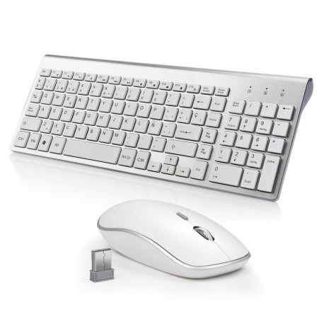 JOYACCESS Pack de Teclado y Ratón Inalámbricos Multimedia compactos Teclado Wireless Silenciosa y Ratón-Blanco+Plata QWERTY 