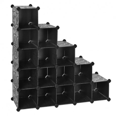 SONGMICS Estantería modular de plástico PP Zapatero Organizador 16 cubos Negro Estampado 113 x 36 x 113 cm LPC44H
