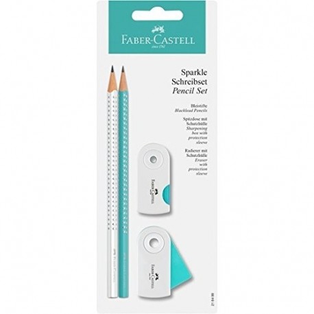 Faber-Castell 218499 – Juego de lapiceros GRIP Sparkle, 4 piezas, color blanco y turquesa