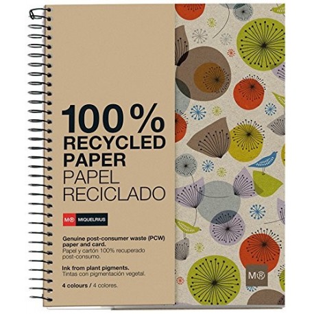 Miquelrius - Cuaderno Ecobirds A4, 120 hojas franjas de 4 colores , papel reciclado, cuadrícula 5 mm, Tapa de cartón recicla