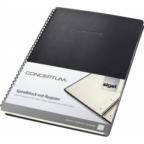 Sigel CO840 Cuaderno espiral, 24.6 x 30.1 cm, cuadriculado, Hardcover, negro, con separadores, CONCEPTUM