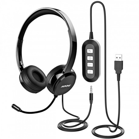 Mpow Auriculares USB PC de Teléfono Cerrados con Micrófono, Auriculares con Cbale y Reducción de Ruido, 2,4 Metros, 2 Enchufe