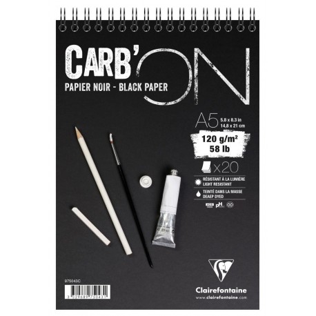 Clairefontaine 975042 C Carbon – Bloc de espiral A5 20 hojas 120 g de papel de color negro