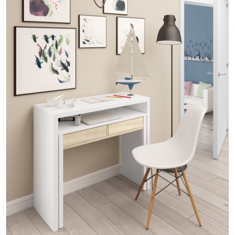 Mesa escritorio desplazante blanco artic y roble canadian para estudio, oficina o habitacion 98cm
