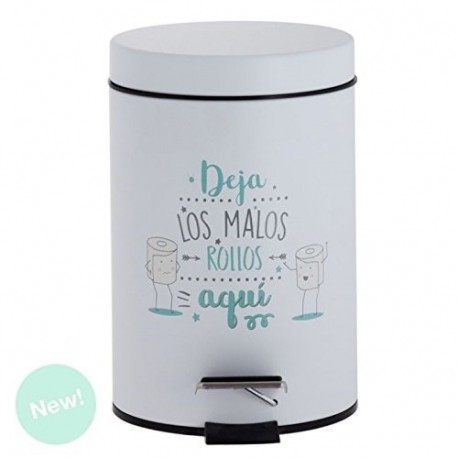 papelera de pedal en metal blanco,con frase divertida"DEJA LOS MALOS ROLLOS AQUI", Capacidad: 3L, 17x17x26cm