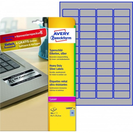 Avery España L6009-8 - Pack de 8 hojas de etiquetas para seguridad, 45.7 x 21.2 mm, color plata