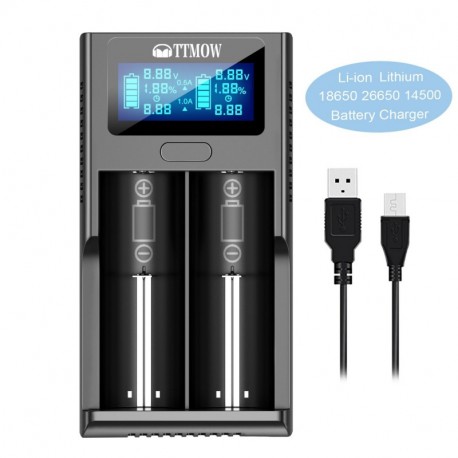 TTMOW Li-ion Cargador de Batería con 2 Ranuras Inteligente y Pantalla LCD, Litio 3.7V Compatible Rápido con : 26650, 17500, 1