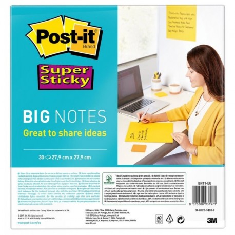 Post-it Super Sticky BN11-EU - Notas formato grande, 4XL, 30 hojas, 27.9 cm x 27.9 cm, color amarillo