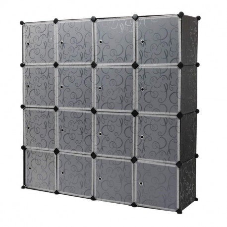 PrimeMatik - Armario Organizador Modular Estanterías de 16 Cubos de 35x35cm plástico Negro con Puertas y Dibujos