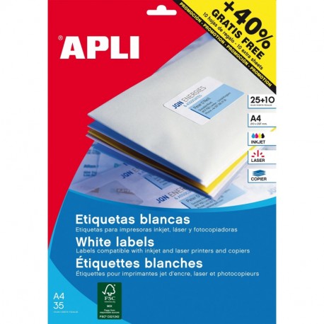 APLI 13883 - Etiquetas blancas imprimibles Ø40,0 , adhesivo permanente 25 hojas