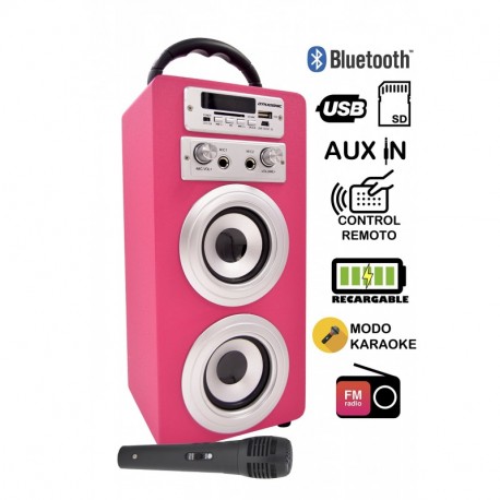 DYNASONIC Altavoz Karaoke Bluetooth 10W, Reproductor mp3 inalámbrico portátil, Lector USB SD, Radio FM - Modelo Color Rosa