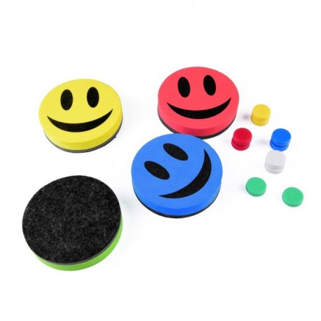 4 x Smile Whiteboard esponjas, magnético, limpieza en seco, limpiacristales, borrador + 10 imanes
