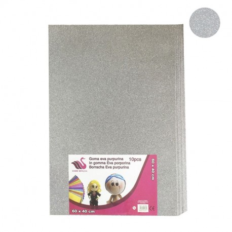 10 láminas de Goma Eva purpurina 40x60 cm, 2mm Grosor, color PLATA
