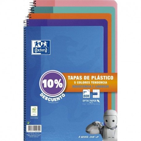 Oxford - Pack de 5 cuadernos tapa plástico, 80 hojas, cuadrícula 4x4 con margen, colores surtidos tendencia 
