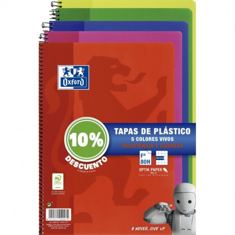 Oxford - Pack de 5 cuadernos tapa plástico, 80 hojas, cuadrícula 4x4 con margen, colores surtidos vivos 