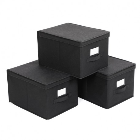 SONGMICS Set de 3 Cajas de Almacenaje Cubos de Tela Organizador Plegable con Tapa y Ventana de etiqueta 40 x 30 x 25 cm Blac