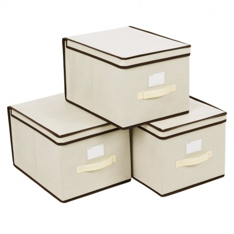 SONGMICS Set de 3 Cajas de Almacenaje Cubos de Tela Organizador Plegable con Tapa y Ventana de etiqueta 40 x 30 x 25 cm Beig