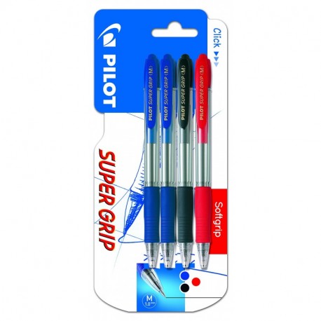 Pilot Spain Super Grip - Bolígrafo retráctil con tinta base aceite, 4 unidades, multicolor