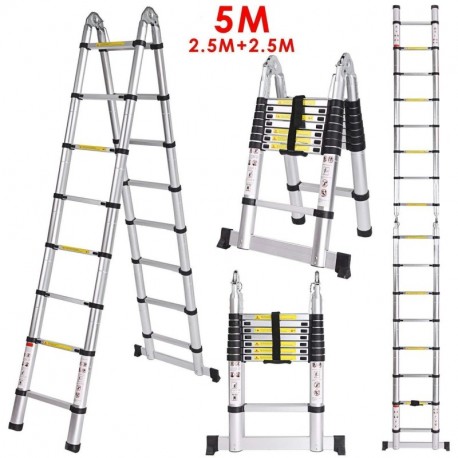 Meditool 5M Escalera Telescópica,Escalera Plegable de Aluminio,Escalera Extensible 16.4FT,16 Escalones Antideslizantes,Capaci